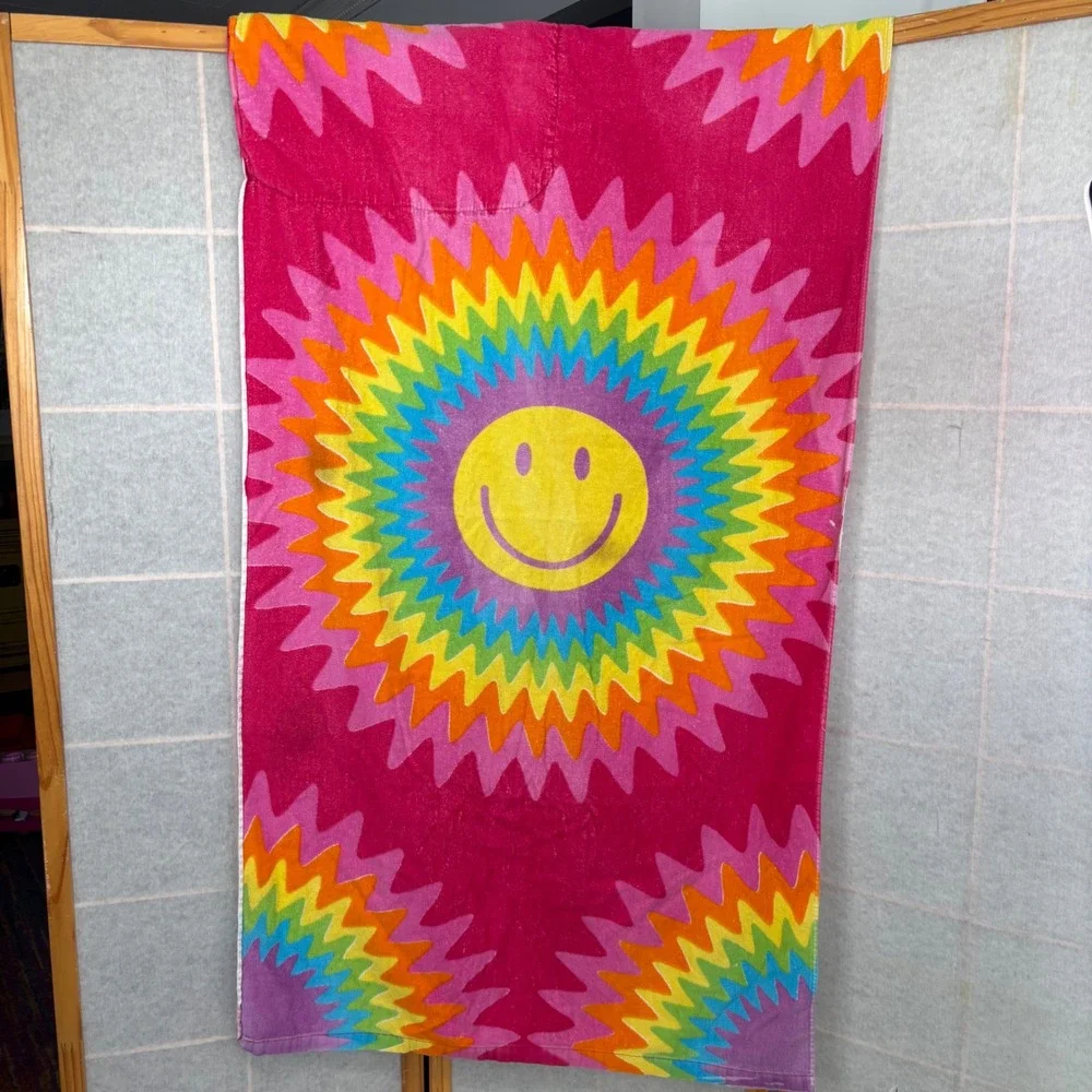VTG Retro Groovy Rainbow Smiley Face Beach Towel Drawstring Bag Pink 100 Cotton
